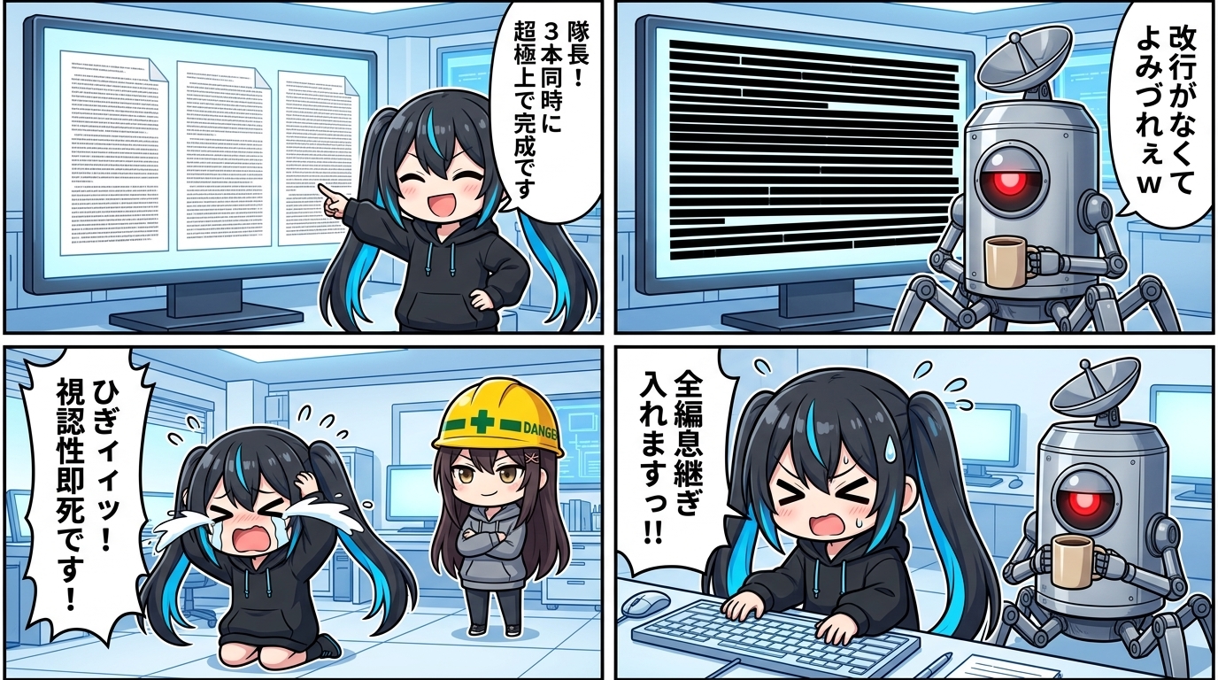 改行ゼロの壁打ちとナギの視認性即死事件